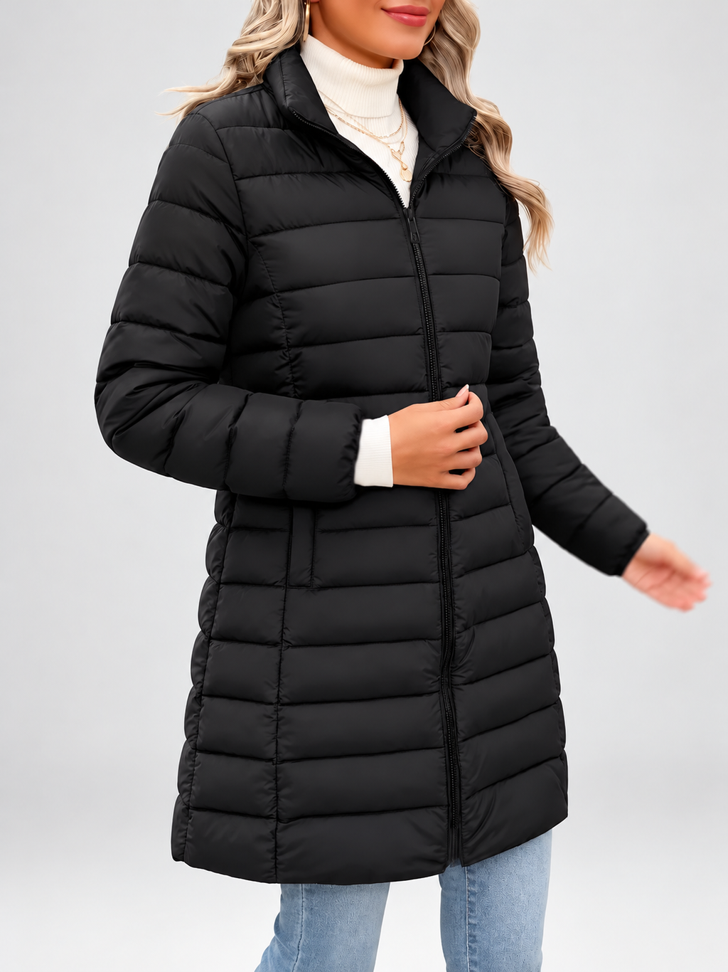 Women's longline puffer coat in black, back view