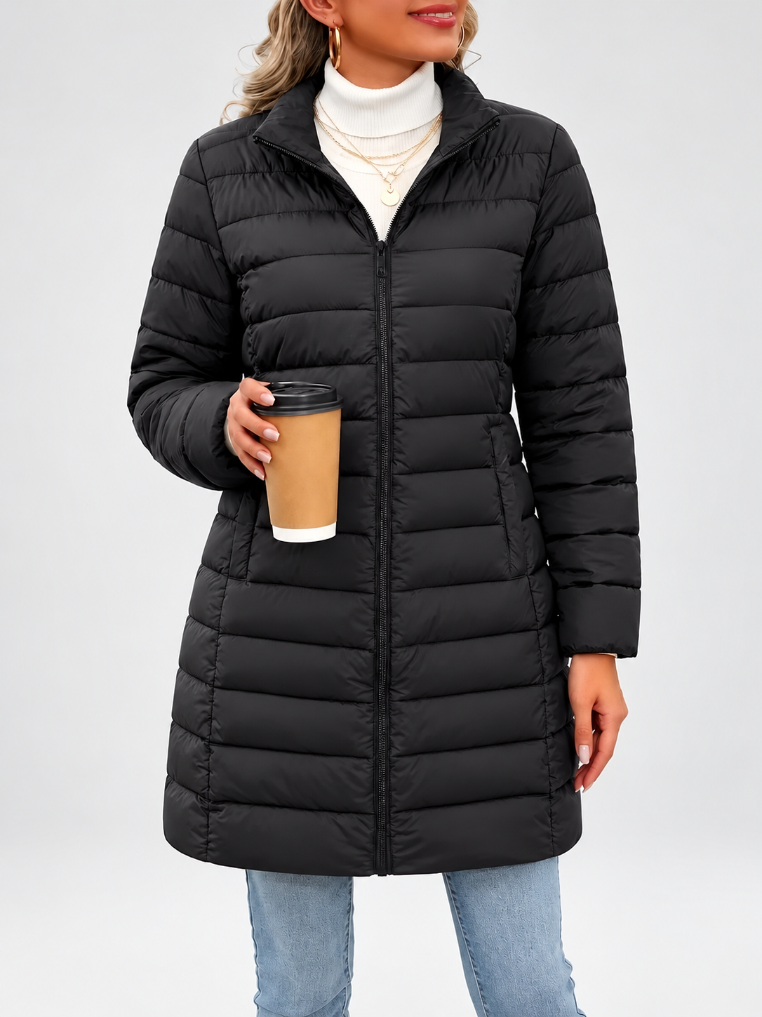 Women's longline puffer coat in black, close view of the collar and zip