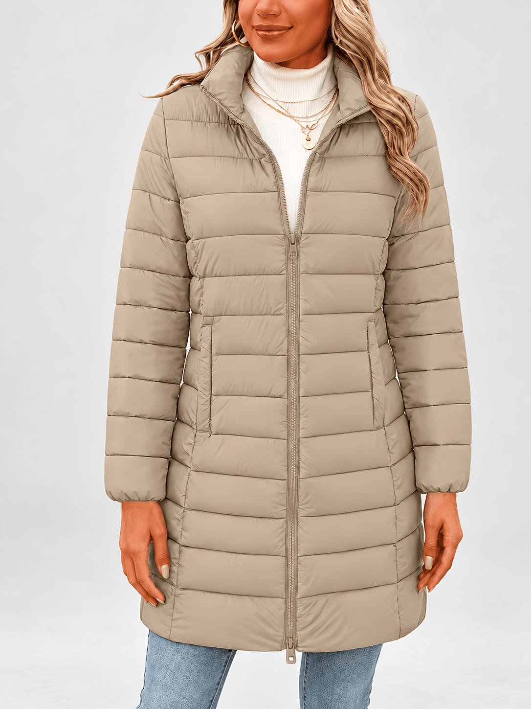 Women's longline puffer coat in khaki, front view