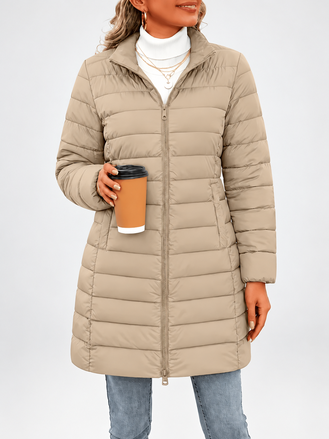 Women's longline puffer coat in khaki, back view