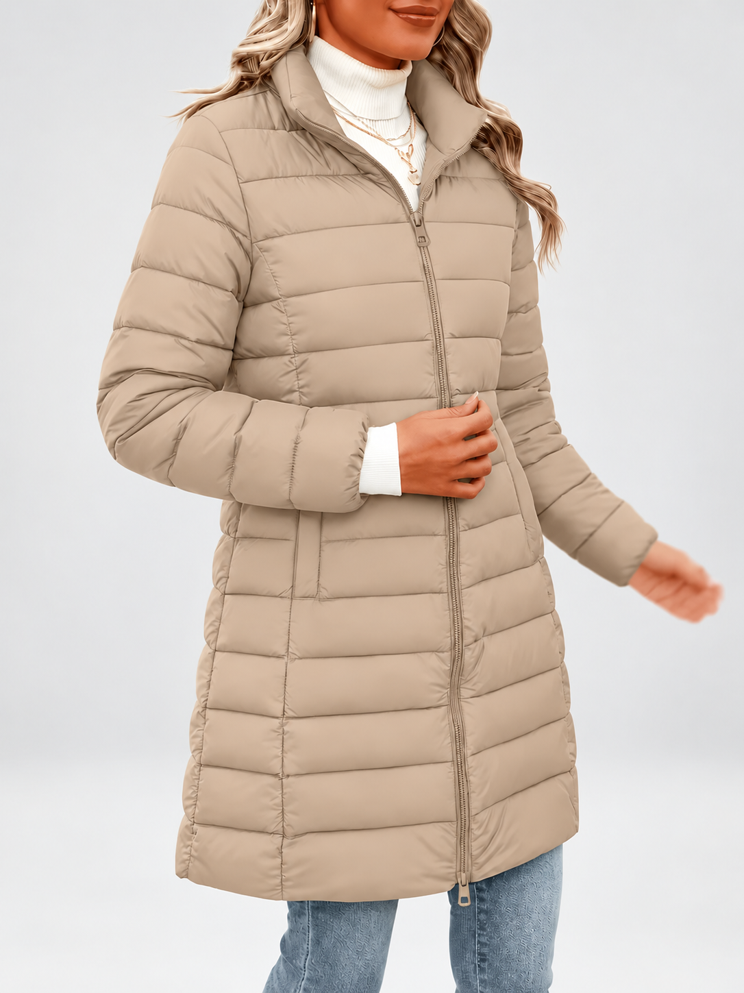 Women's longline puffer coat in khaki, close view of the collar and zip