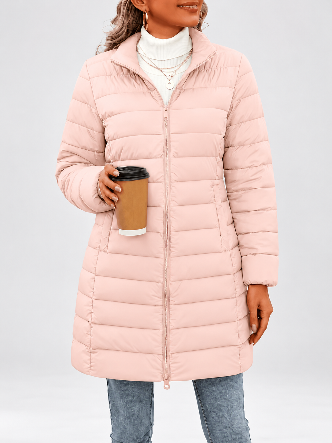 Women's longline puffer coat in light pink, back view