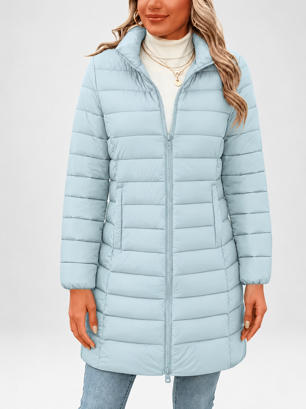 Women's longline puffer coat in sky blue, front view with stand collar and zip fastening