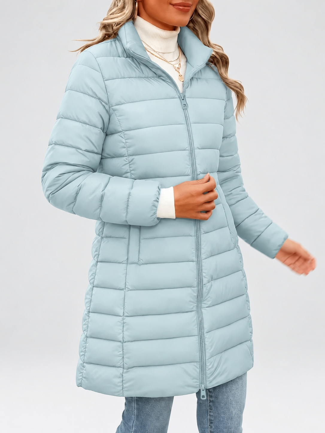 Women's longline puffer coat in sky blue, front view with a coffee cup