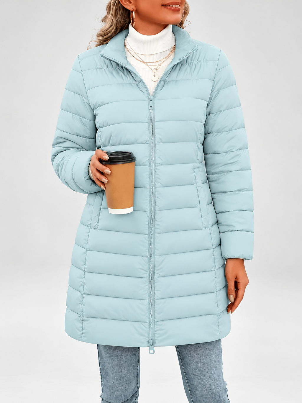 Women's longline puffer coat in sky blue, close view of the collar and zip