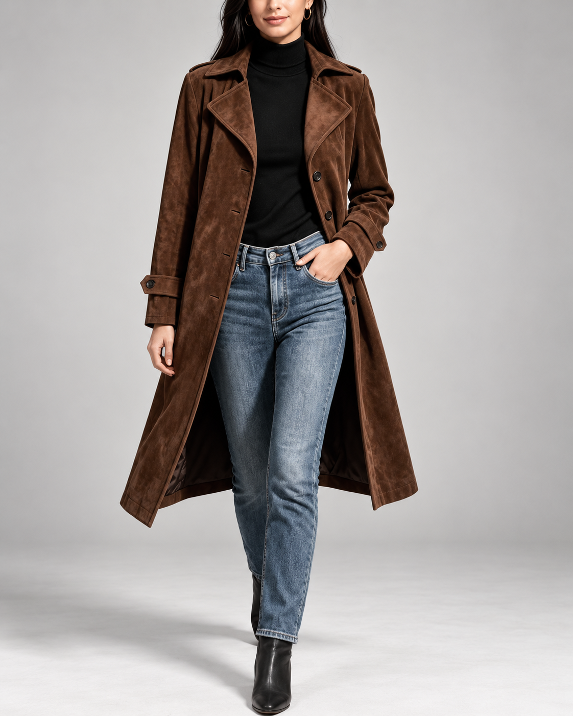 Women's Longline Faux Suede Coat with Notch Lapel Collar