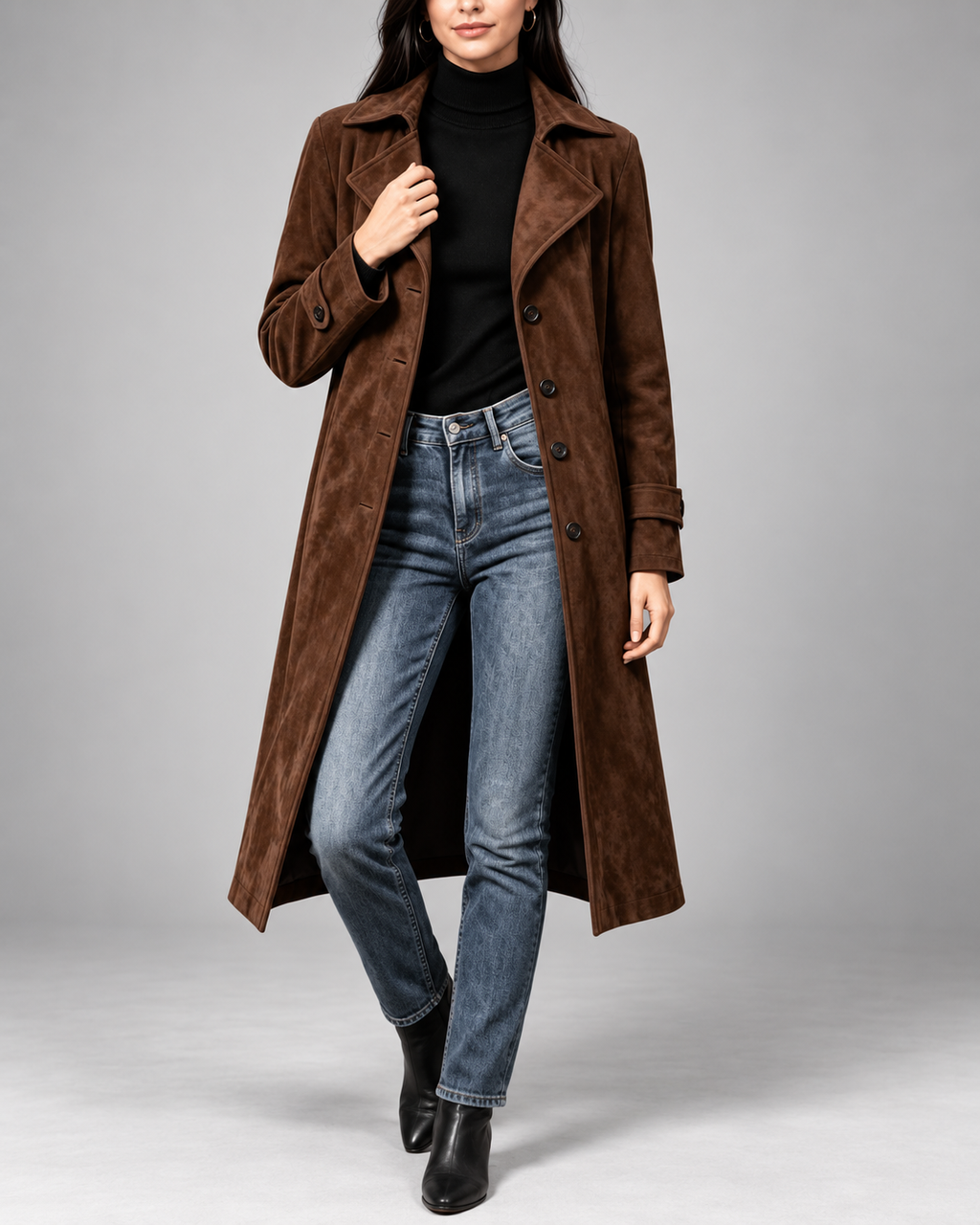 Women's Longline Faux Suede Coat with Notch Lapel Collar