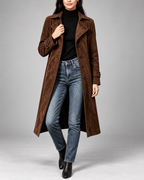 Women's Longline Faux Suede Coat with Notch Lapel Collar