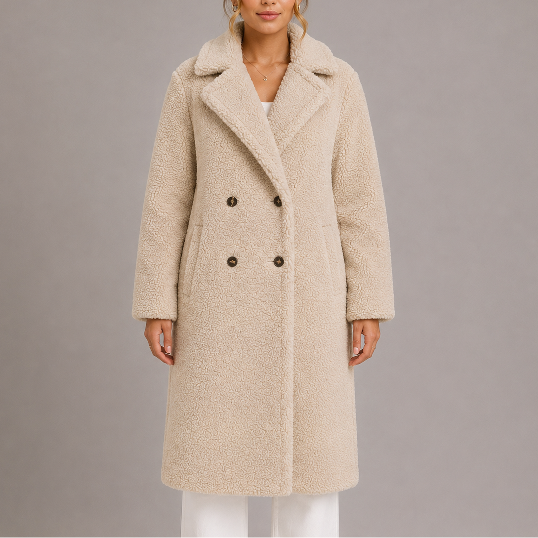 Women's Soft Longline Teddy Coat with Double Breasted Front