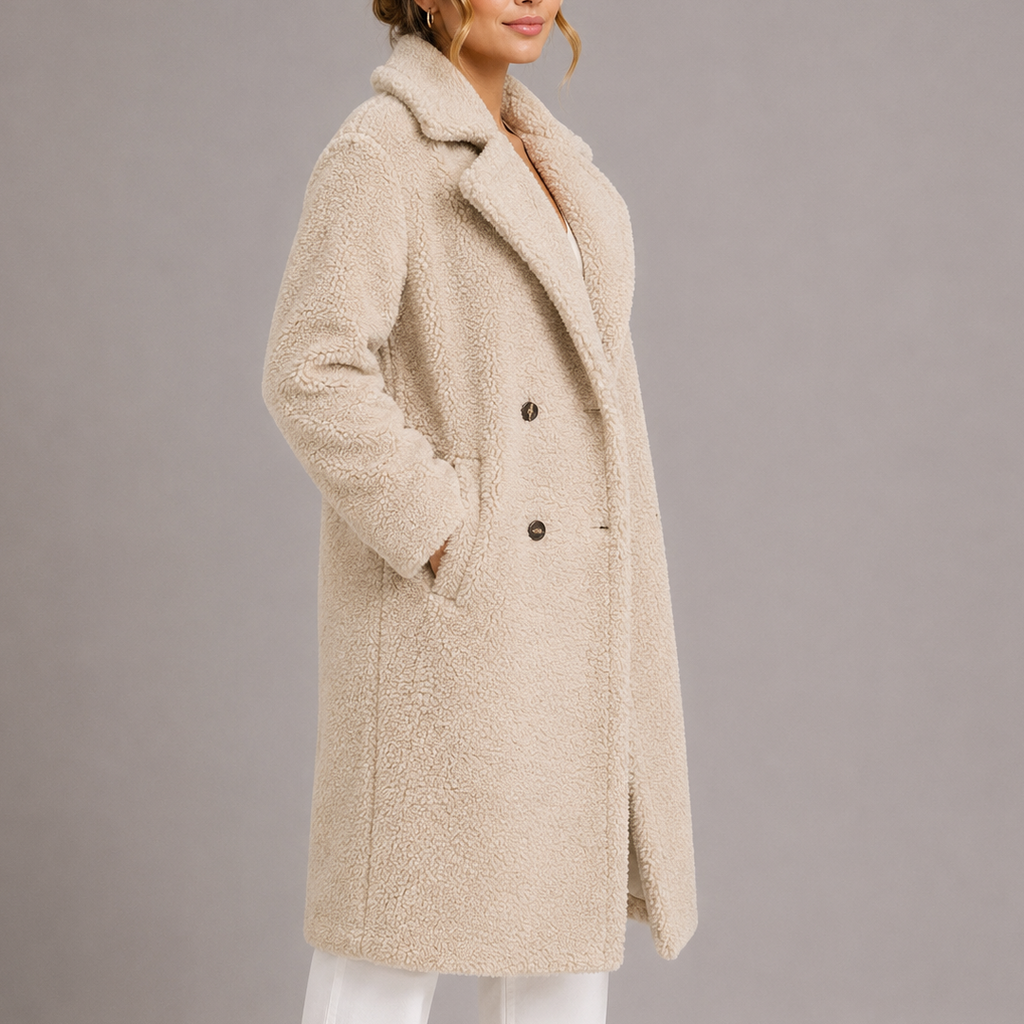 Women's Soft Longline Teddy Coat with Double Breasted Front