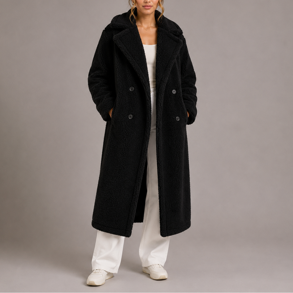 Women's Soft Longline Teddy Coat with Double Breasted Front