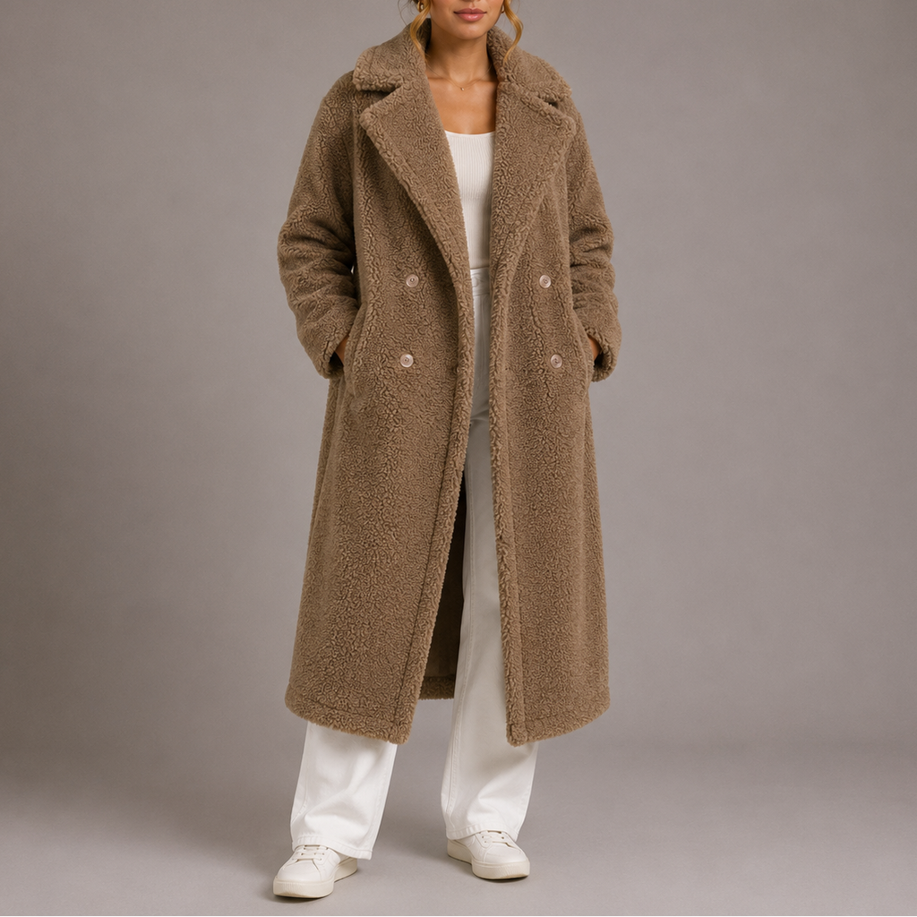 Women's Soft Longline Teddy Coat with Double Breasted Front