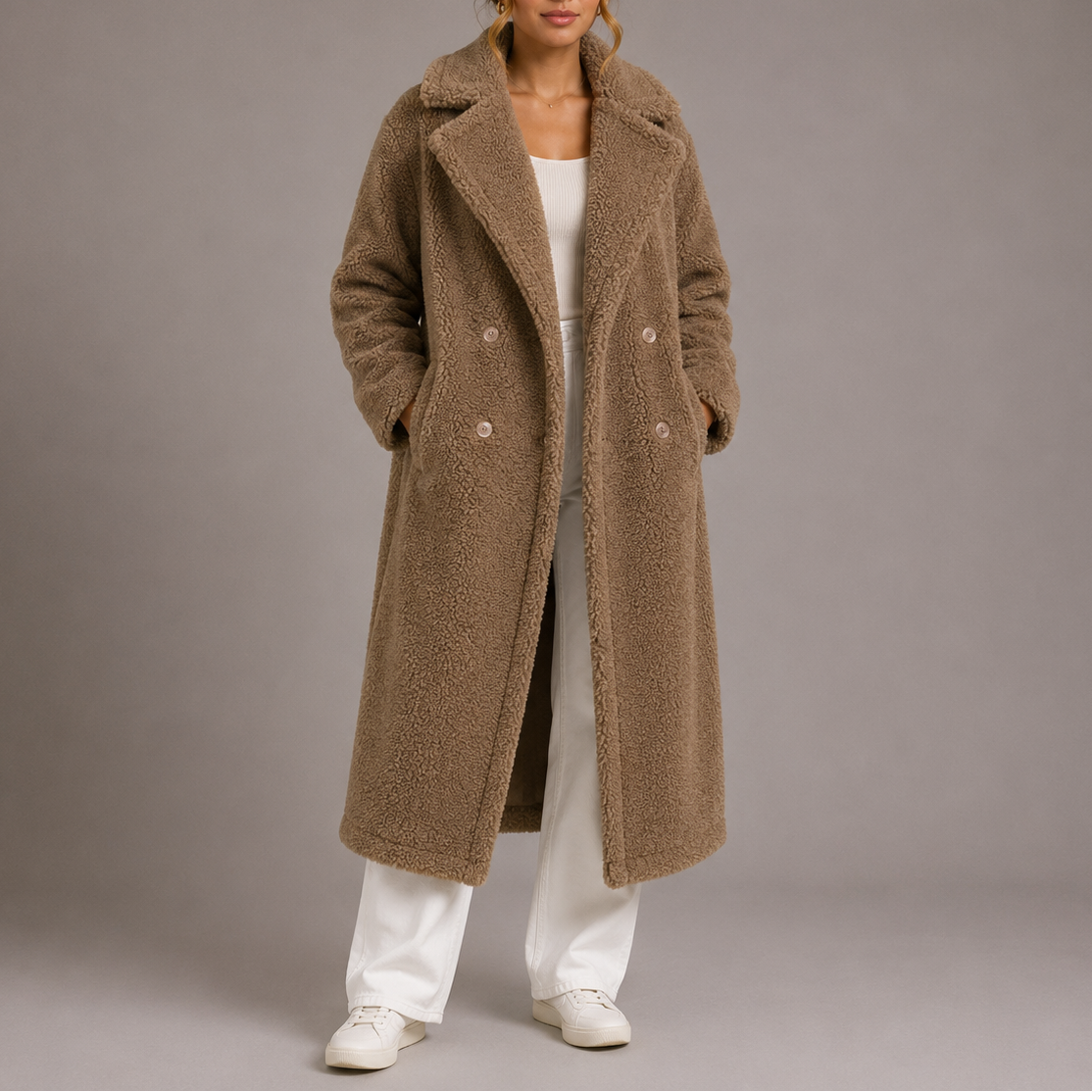 Women's Soft Longline Teddy Coat with Double Breasted Front