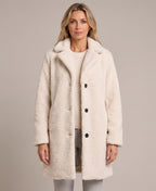 Women's Longline Teddy Coat with Notch Lapels and Single Breasted Button Front in Off White – Front View