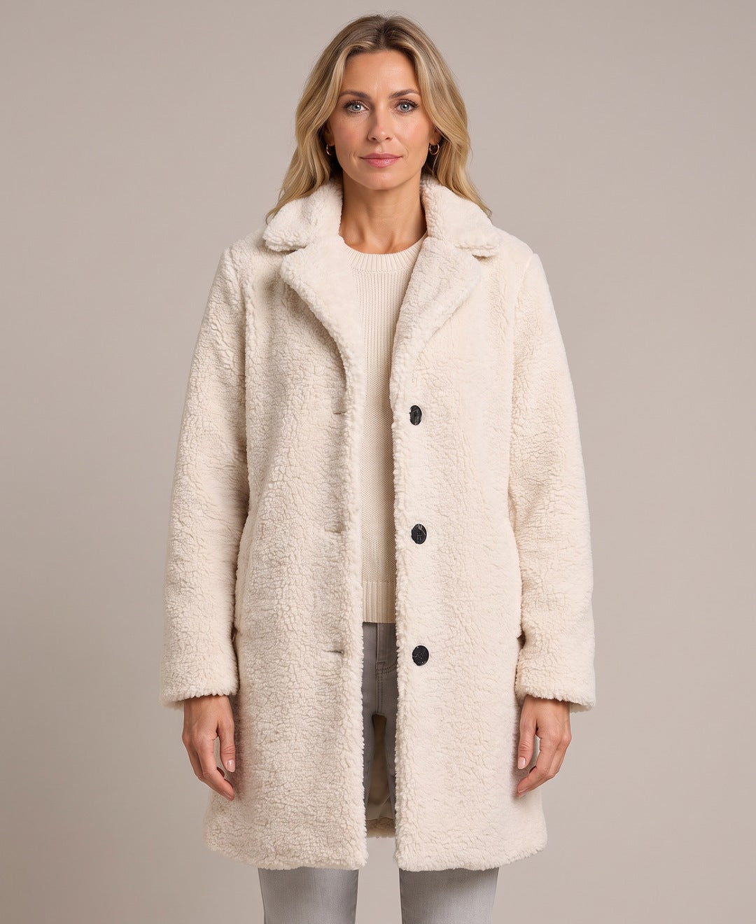 Women's Longline Teddy Coat with Notch Lapels and Single Breasted Button Front in Off White – Front View