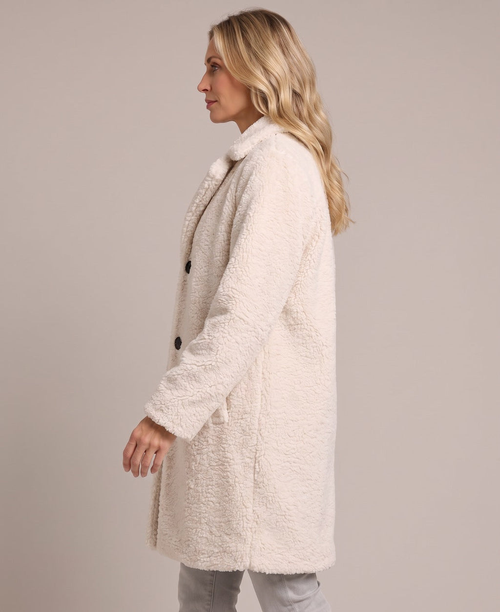 Women's Longline Teddy Coat with Notch Lapels and Single Breasted Button Front in Off White – Side View