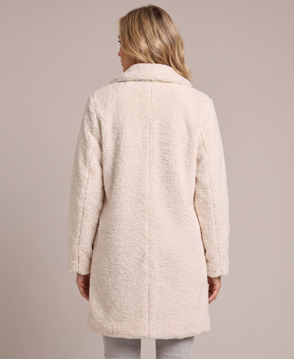Women's Longline Teddy Coat with Notch Lapels and Single Breasted Button Front in Off White – Back View