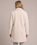 Women's Longline Teddy Coat with Notch Lapels and Single Breasted Button Front in Off White – Back View