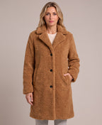 Women's Longline Teddy Coat with Notch Lapels and Single Breasted Button Front in Light Brown – Front View