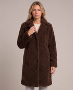 Women's Longline Teddy Coat with Notch Lapels and Single Breasted Button Front in Dark Brown – Front View