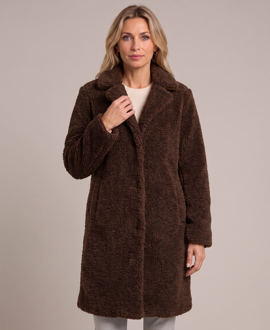Women's Longline Teddy Coat with Notch Lapels and Single Breasted Button Front in Dark Brown – Front View