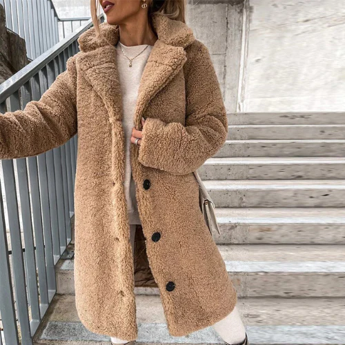 Women's Longline Teddy Fleece Coat with Notched Lapel