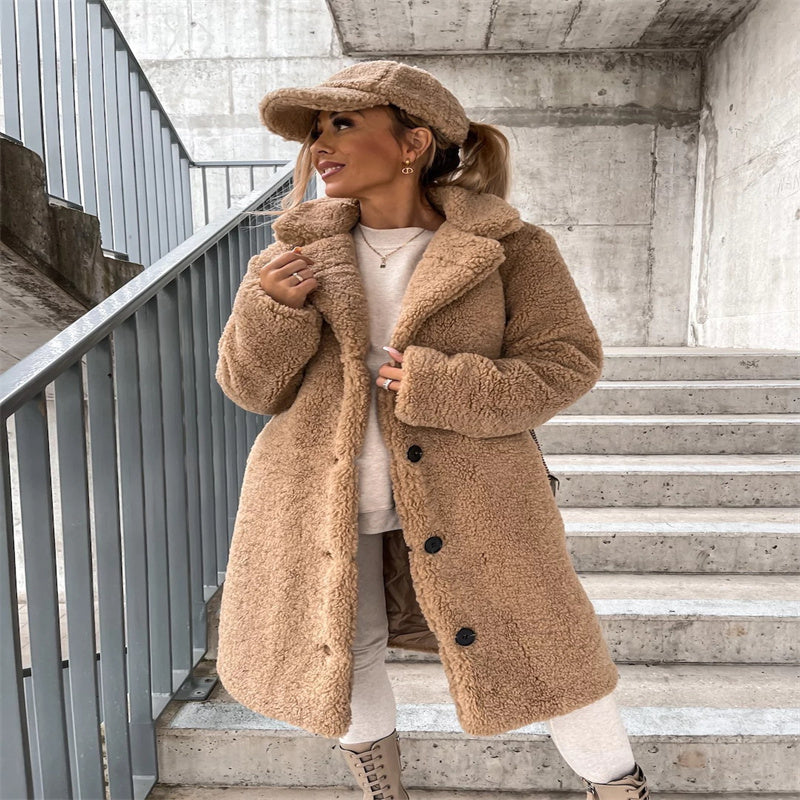 Women's Longline Teddy Fleece Coat with Notched Lapel
