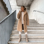 Women's Longline Teddy Fleece Coat with Notched Lapel
