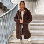 Women's Longline Teddy Fleece Coat with Notched Lapel