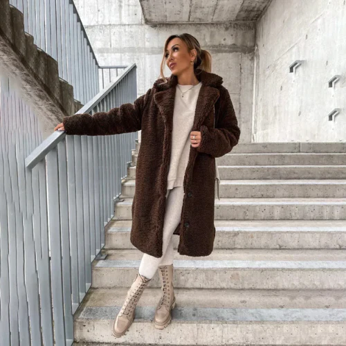 Women's Longline Teddy Fleece Coat with Notched Lapel