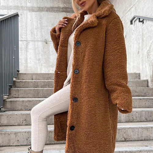 Women's Longline Teddy Fleece Coat with Notched Lapel
