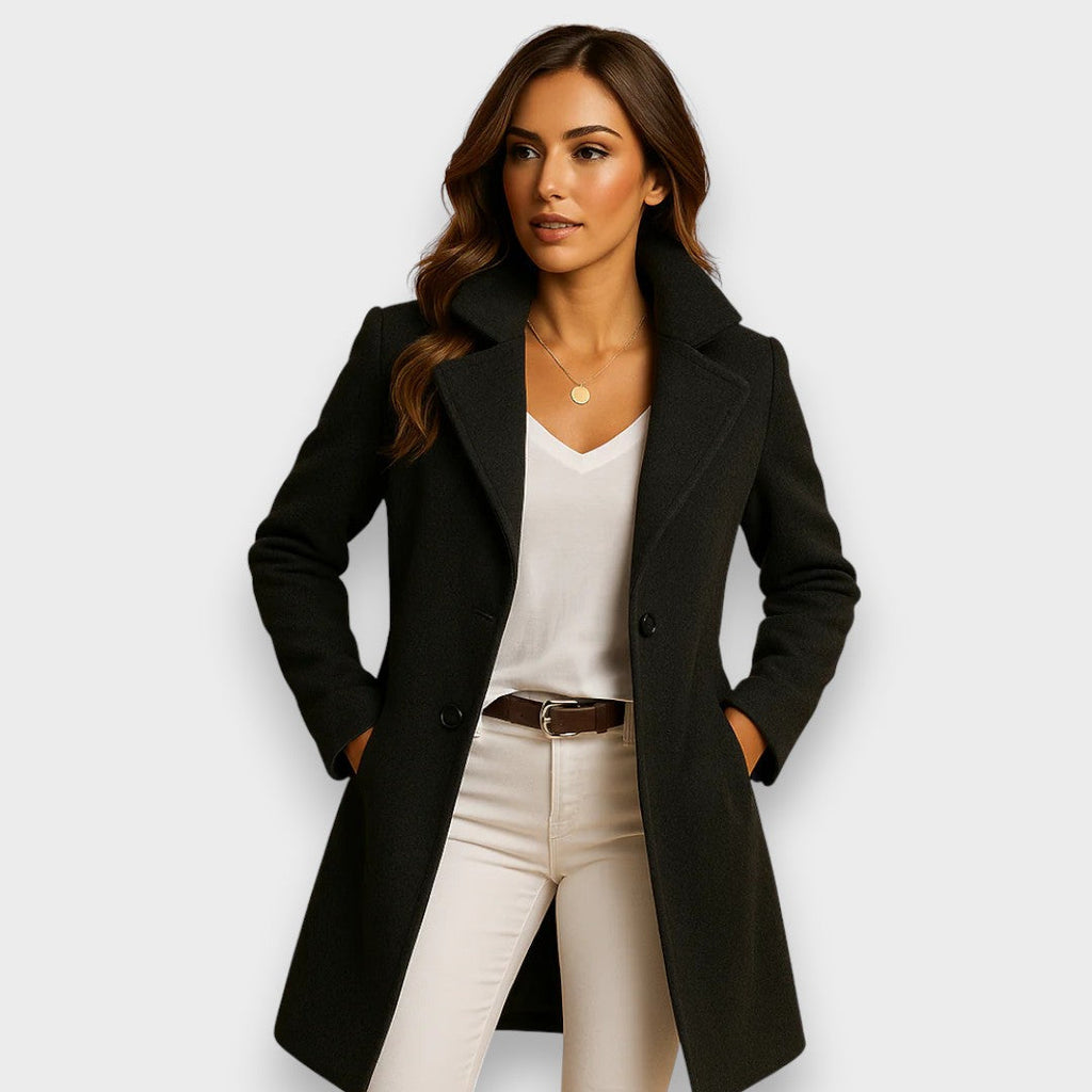Women's Longline Wool Blend Coat with Double Breasted Front and Notch Lapels