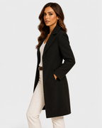 Women's Longline Wool Blend Coat with Double Breasted Front and Notch Lapels