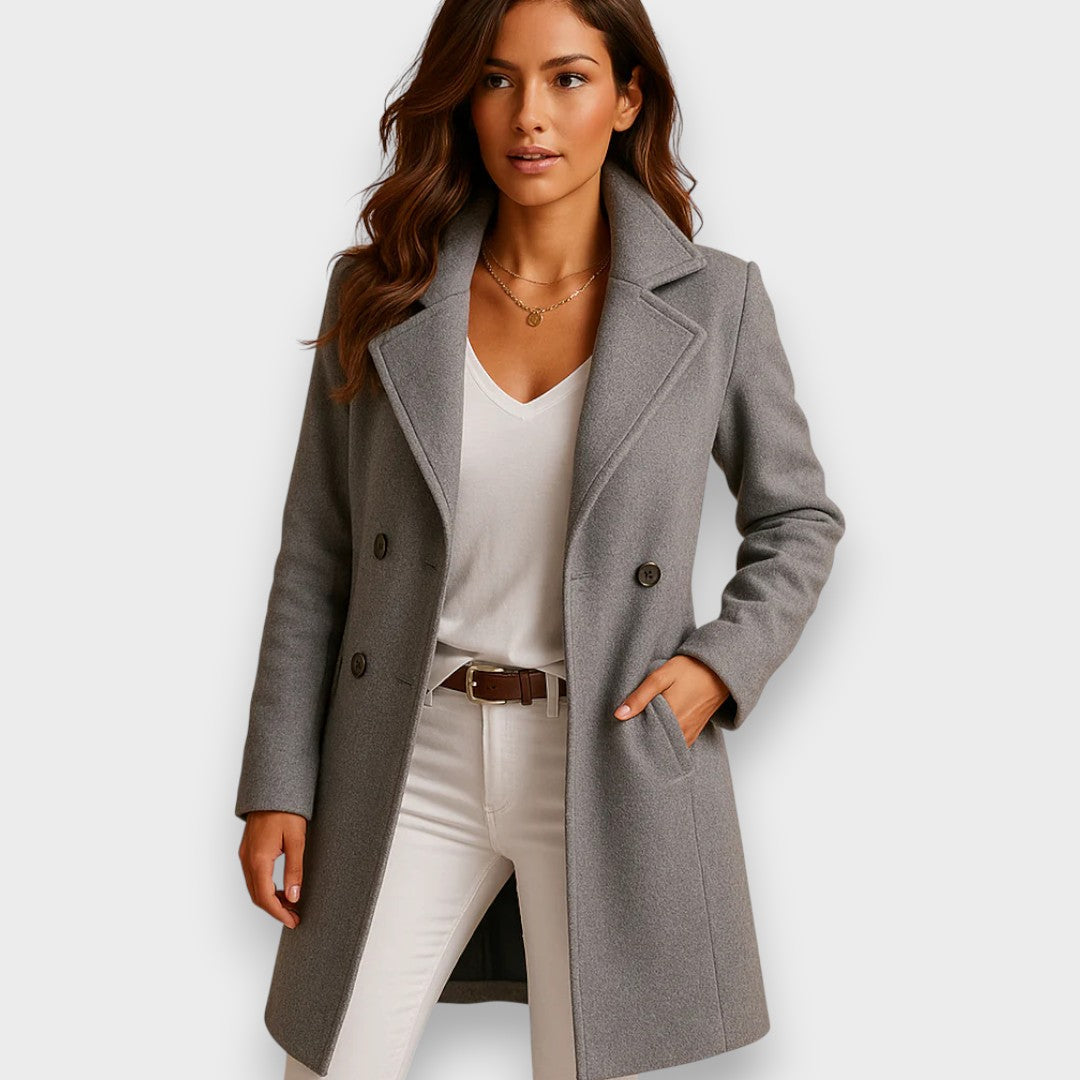 Women's Longline Wool Blend Coat with Double Breasted Front and Notch Lapels