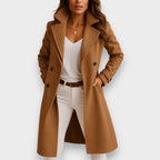 Women's Longline Wool Blend Coat with Double Breasted Front and Notch Lapels