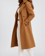 Women's Longline Wool Blend Coat with Double Breasted Front and Notch Lapels