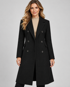 Women's Longline Wool Blend Coat with Lapel Collar and Double Breasted Front