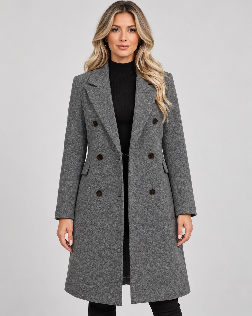 Women's Longline Wool Blend Coat with Lapel Collar and Double Breasted Front