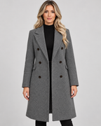 Women's Longline Wool Blend Coat with Lapel Collar and Double Breasted Front