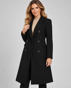 Women's Longline Wool Blend Coat with Lapel Collar and Double Breasted Front
