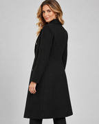 Women's Longline Wool Blend Coat with Lapel Collar and Double Breasted Front