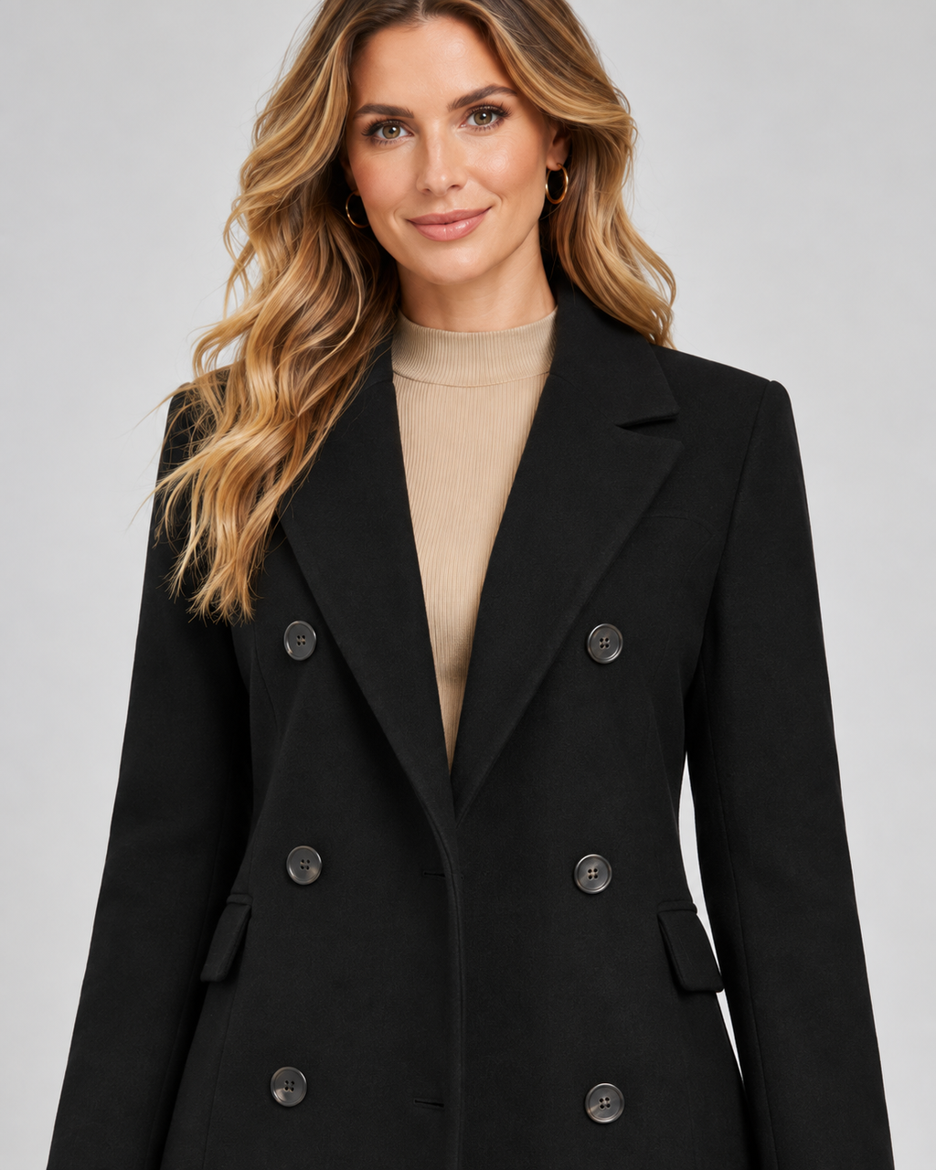 Women's Longline Wool Blend Coat with Lapel Collar and Double Breasted Front