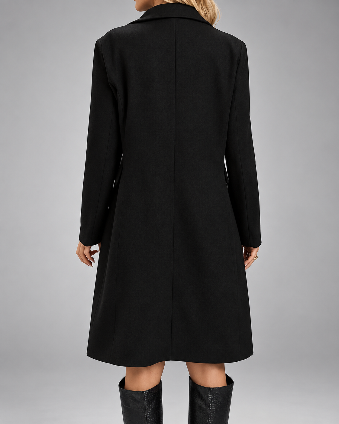 Women's Longline Wool Blend Coat with Lapel Collar and Double Breasted Front