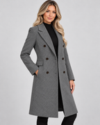 Women's Longline Wool Blend Coat with Lapel Collar and Double Breasted Front