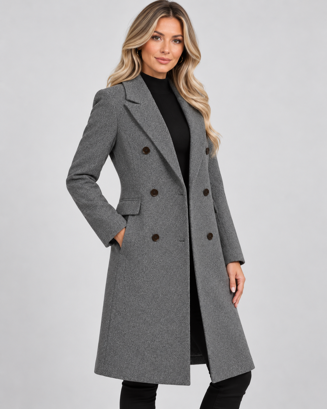Women's Longline Wool Blend Coat with Lapel Collar and Double Breasted Front