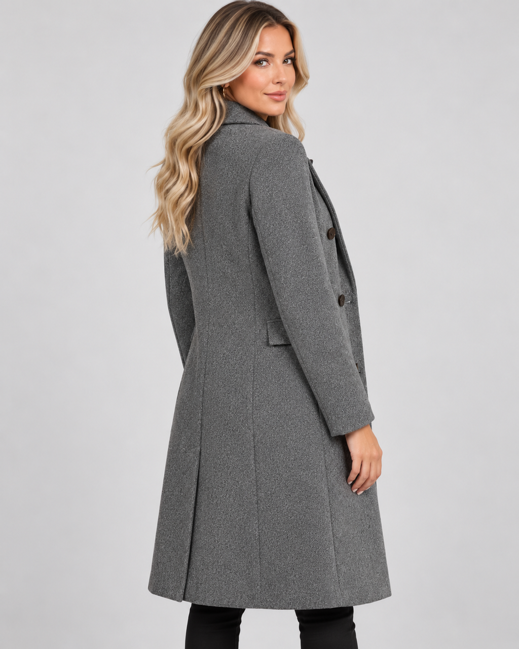 Women's Longline Wool Blend Coat with Lapel Collar and Double Breasted Front