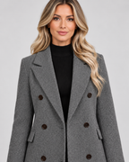 Women's Longline Wool Blend Coat with Lapel Collar and Double Breasted Front
