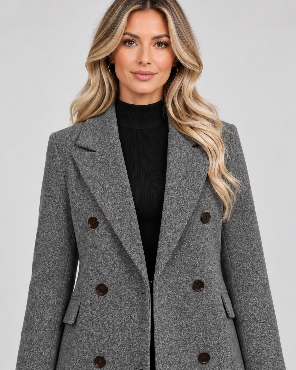 Women's Longline Wool Blend Coat with Lapel Collar and Double Breasted Front