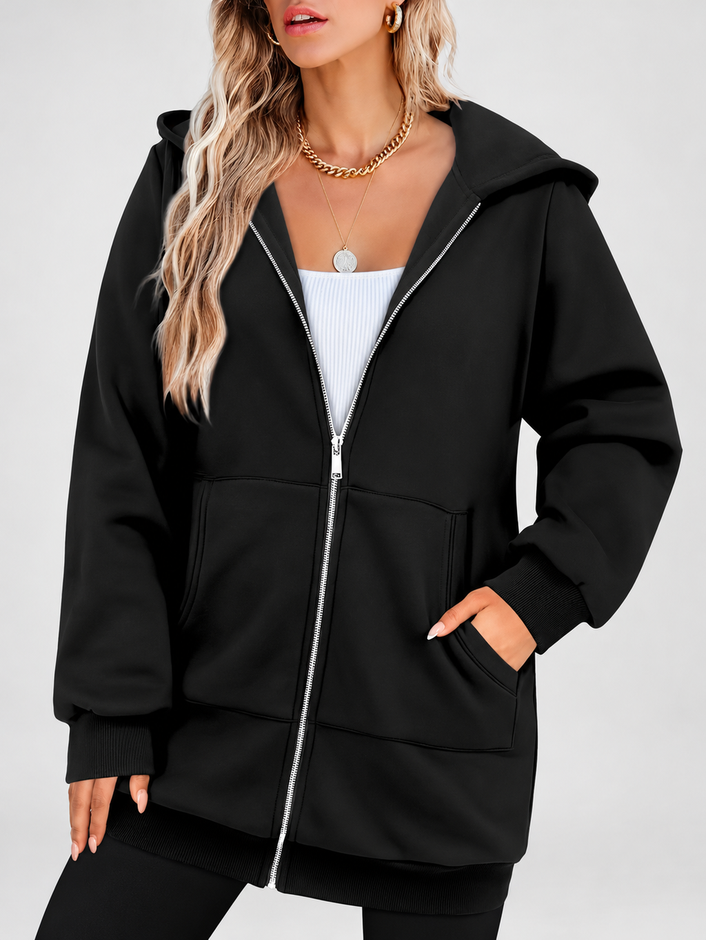 Women's Longline Zip Up Hoodie in Black – Studio Photo 1