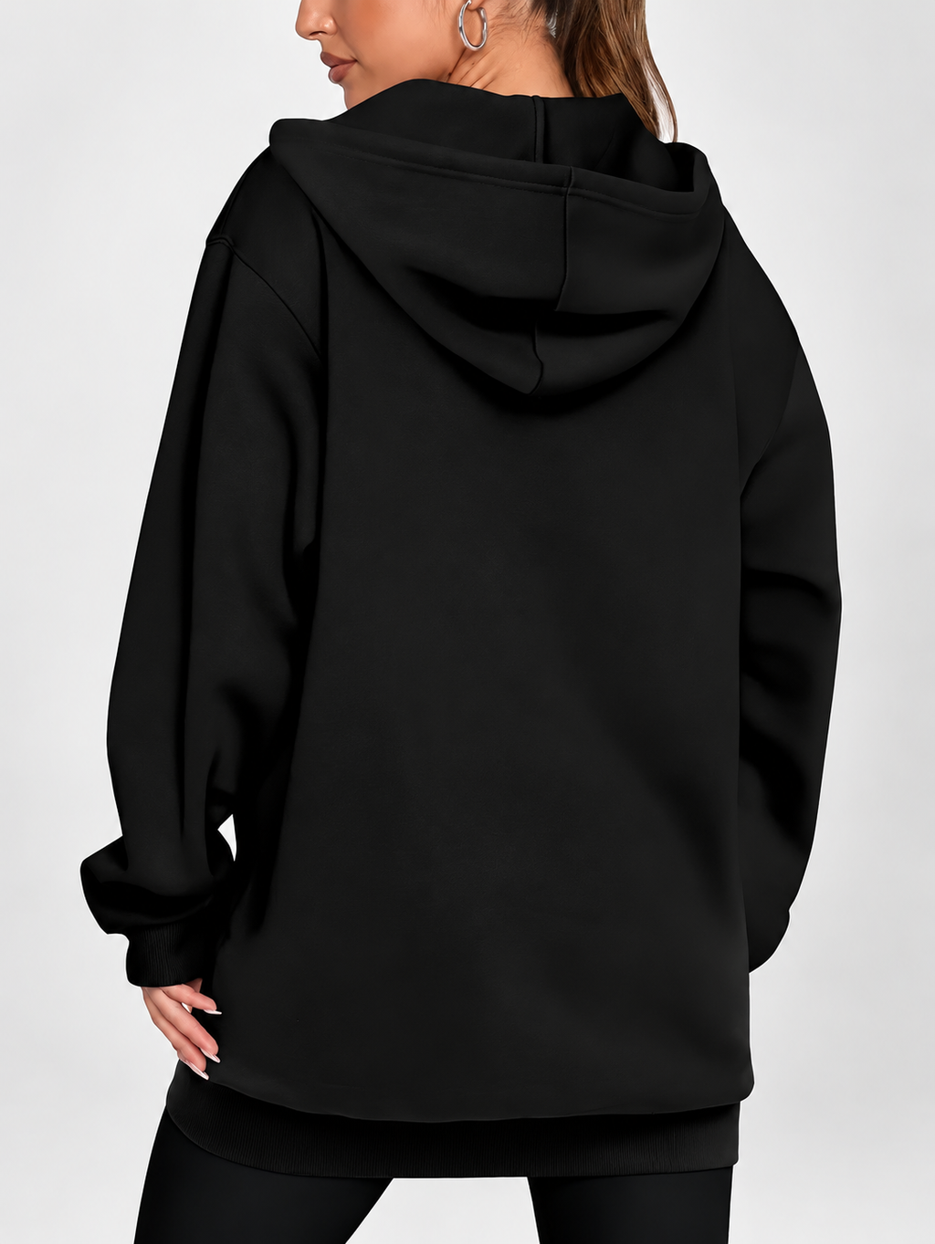 Women's Longline Zip Up Hoodie in Black – Studio Photo 2